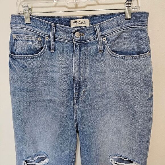 Madewell The Mom Jean High Waist Light Wash Ankle Ripped Distressed Raw Hem 29 - Picture 4 of 13